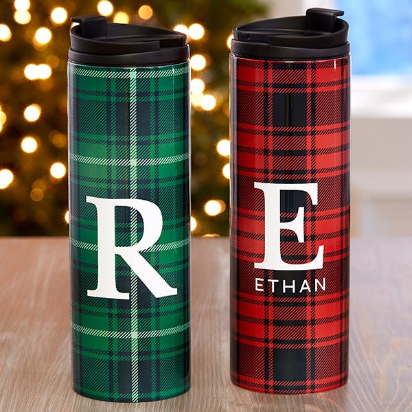 Christmas Plaid Personalized 16 oz Travel Tumblers - 25371