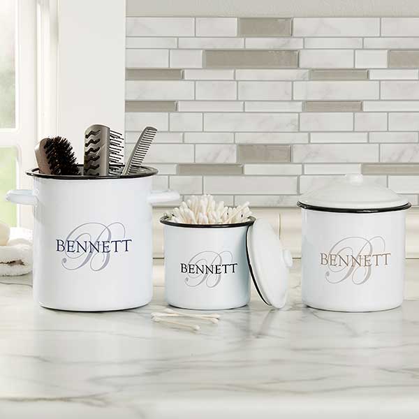 The Heart of Our Home Personalized White Enamel Bathroom Jars