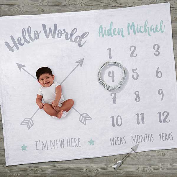 Hello World Monthly Milestone Personalized Baby Fleece Blanket - 25440