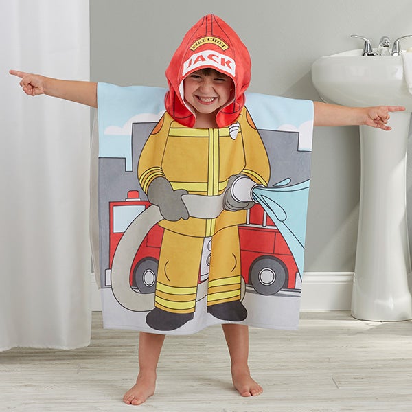 Firefighter Personalized Kids Hooded Poncho Bath Towel - 25629