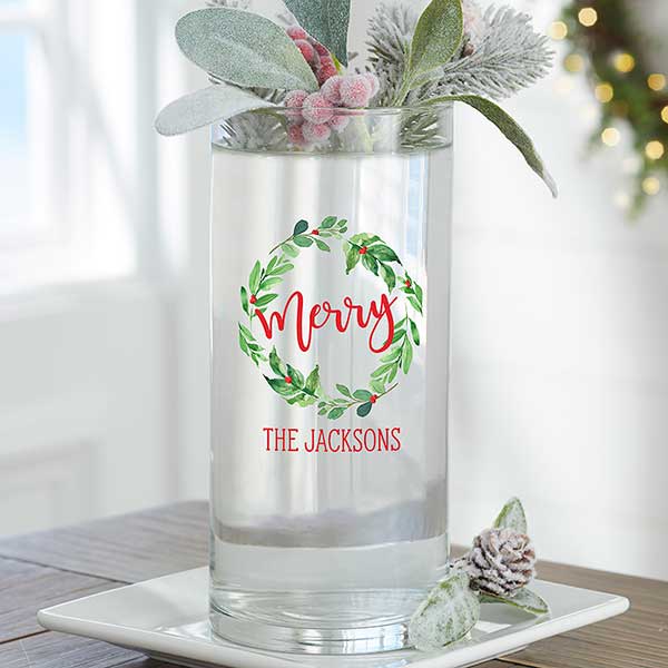 Watercolor Wreath Personalized 7.5-inch Glass Christmas Vase - 25740