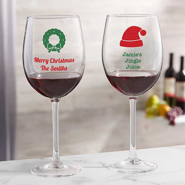 Personalized Christmas Icon Wine Glasses - 25994