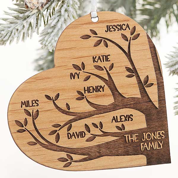 Personalized Carved Names Rustic Wood Heart Ornament- Personal Creations Customized Ornaments Christmas Tree Home Décor Gifts