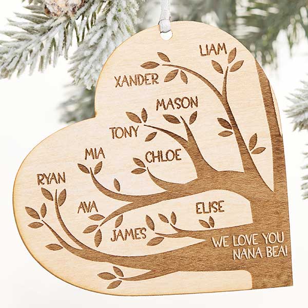 Family Tree Personalized Whitewash Wood Heart Ornament
