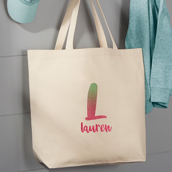 Ombre Initial Embroidered Canvas Tote Bags