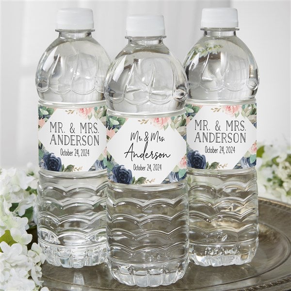 Navy Colorful Floral Personalized Wedding Water Bottle Labels - 26340