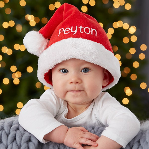 Name & Holly Christmas Embroidered Baby Santa Hat Gift Personalised Boy Girl 