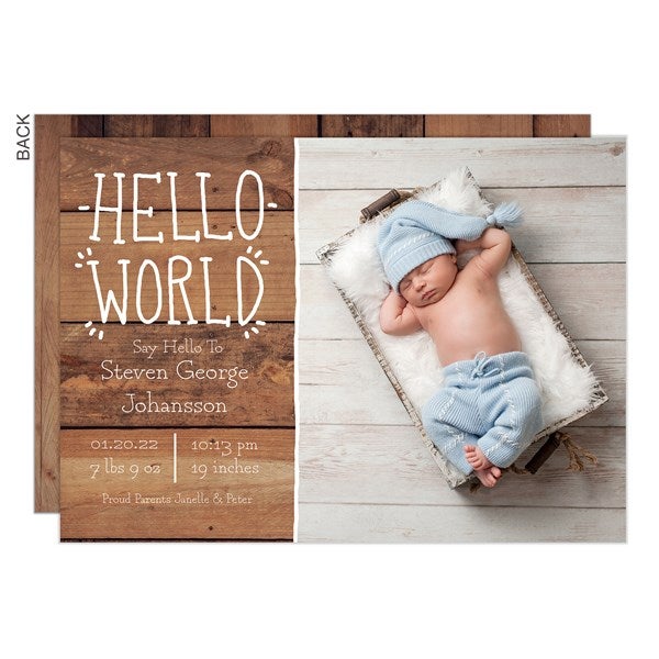 Hello World Custom Photo Rustic Birth Announcements - 26676