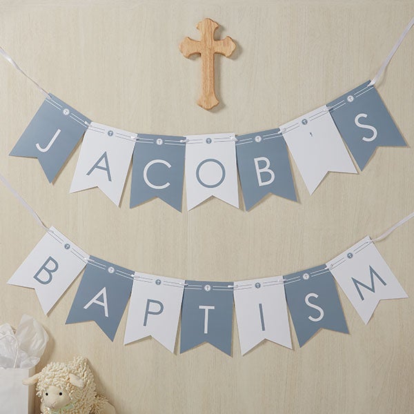 Modern Cross Boy Baptism Personalized Bunting Banner - 26756
