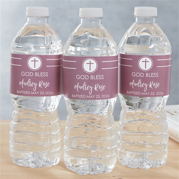 Modern Cross Girl Baptism Personalized Water Bottle Labels - 26985