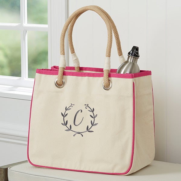 Floral Wreath Embroidered Canvas Rope Tote - Pink - For Her