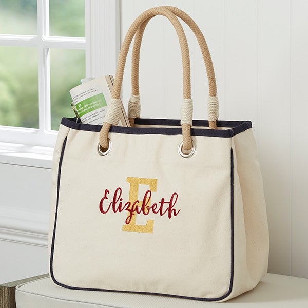 Playful Name Embroidered Canvas Rope Totes - 27003