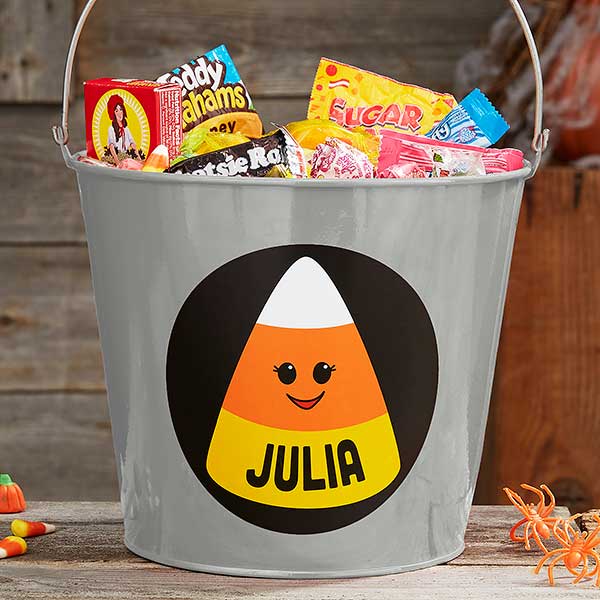 Candy Corn Personalized Large Halloween Treat Bucket Silver