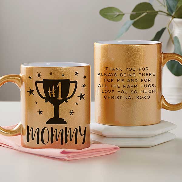 1 Mom Trophy Personalized Glitter Coffee Mugs