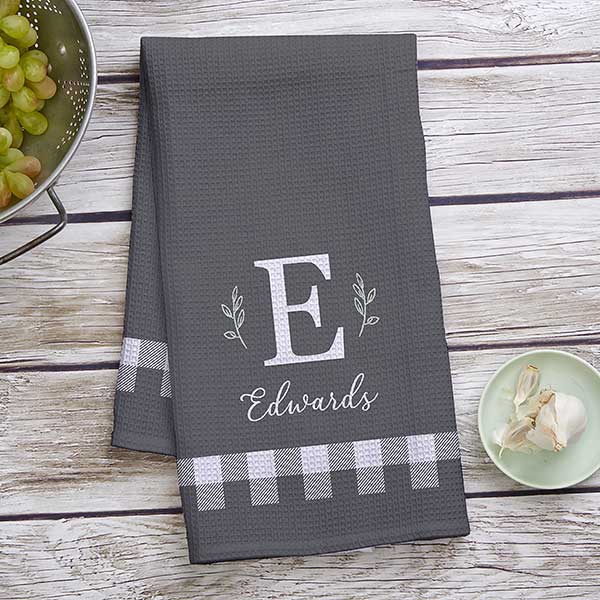 Black & White Plaid Personalized Waffle Weave Kitchen Towel