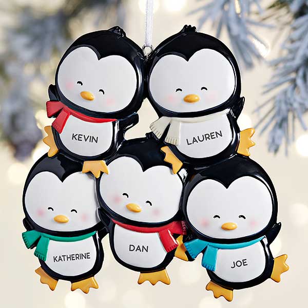 Holly Jolly Penguin Family Personalized Ornament - 5 Names