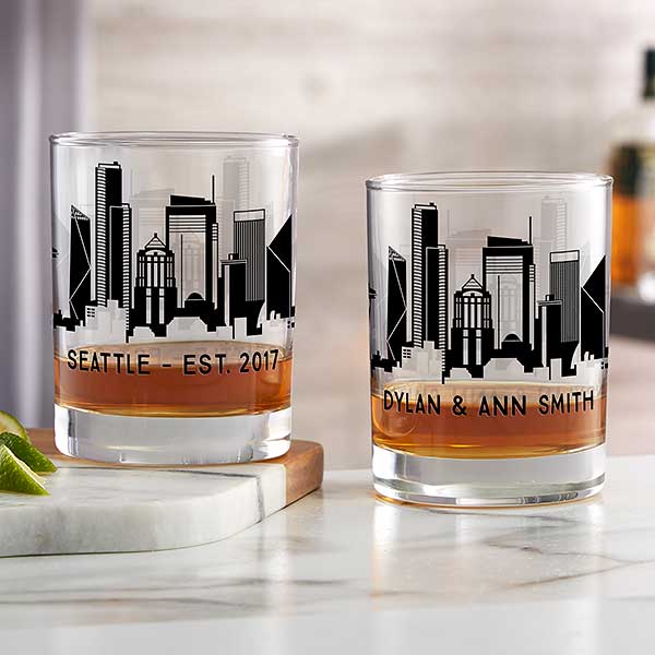 Seattle Skyline Personalized Printed Whiskey Glasses - 27785