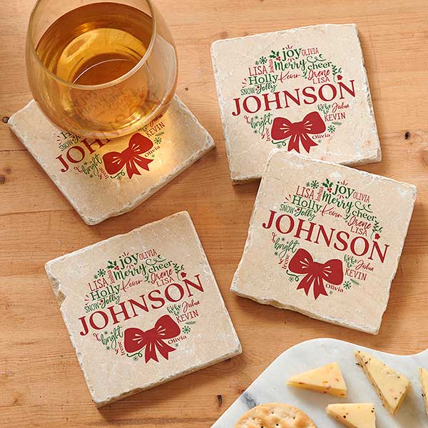 Merry Mistletoe Wreath Personalized Tumbled Stone Coaster Set - 27789