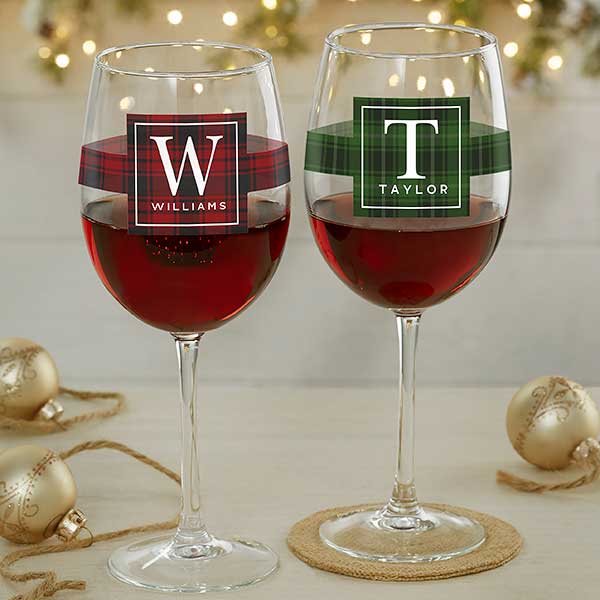 Christmas Plaid Personalized 19 oz Red Wine Glass