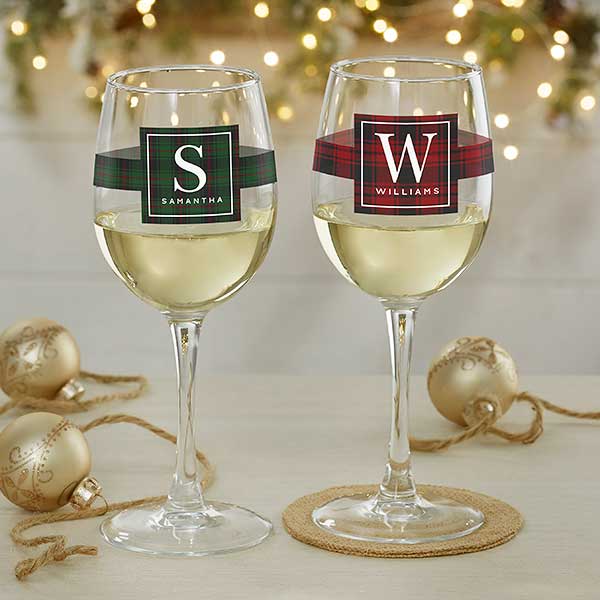Christmas Plaid Personalized Wine Glasses - 27792
