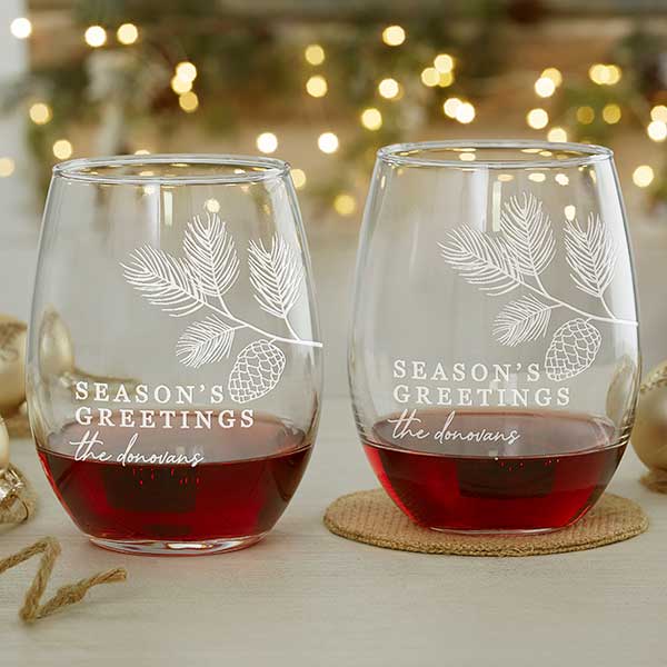 Festive Foliage Christmas Engraved 12oz Stemless Wine Glass