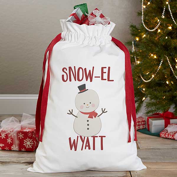Personalised Christmas Snowman Green Christmas Santa Sack Gift Bag 