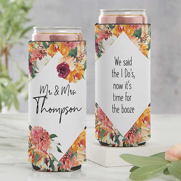 Blush Colorful Floral Personalized Wedding Favor Slim Can Cooler - 27852