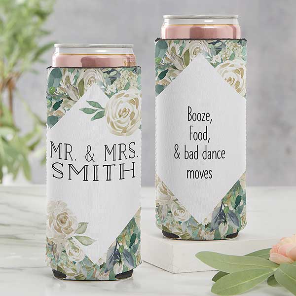 Neutral Colorful Floral Personalized Wedding Favor Slim Can Cooler - 27853
