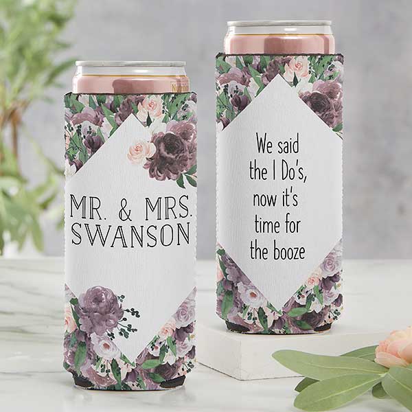 Plum Colorful Floral Personalized Wedding Favor Slim Can Cooler - 27854