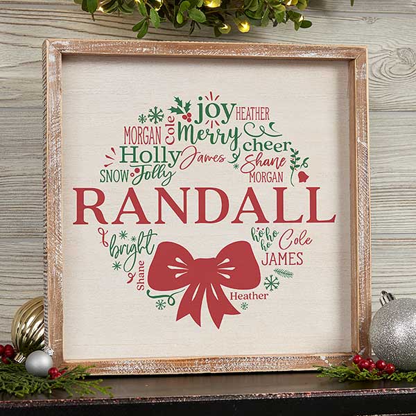 Merry Mistletoe Wreath Personalized Wood Framed Wall Art - 28046