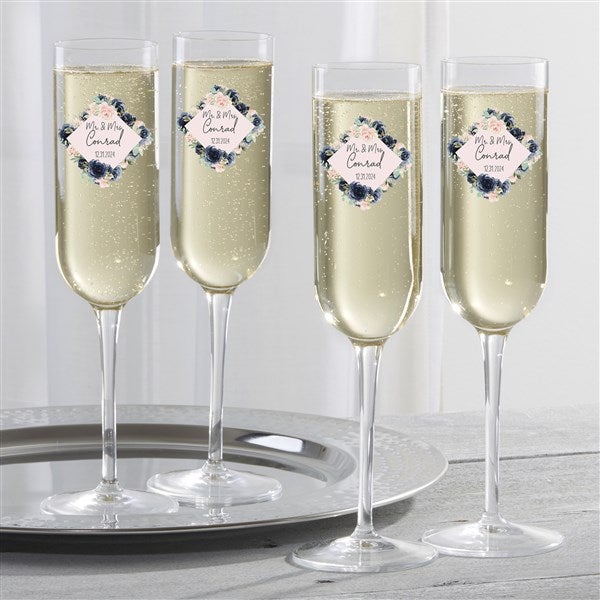 Navy Colorful Floral Personalized Champagne Flutes - 28082