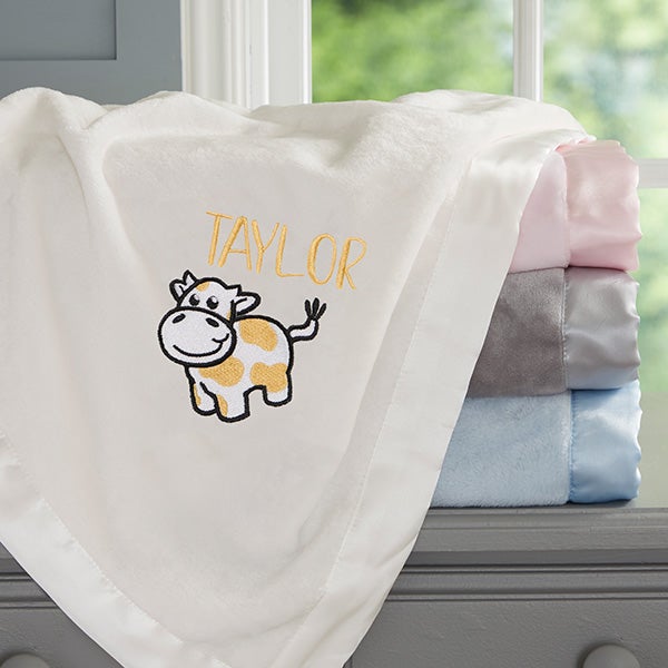 Cow Embroidered Satin Trim Baby Blankets - 28183