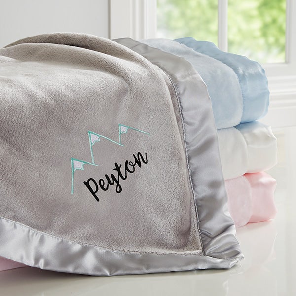 Mountains Embroidered Grey Satin Trim Baby Blanket