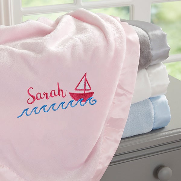 Sailboat Embroidered Satin Trim Baby Blankets - 28189