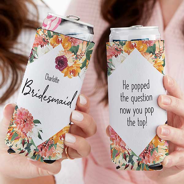 Blush Colorful Floral Bridesmaid Personalized Slim Can Cooler - 28191