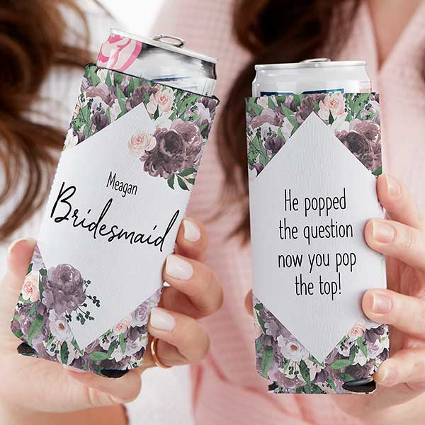 Plum Colorful Floral Bridesmaid Personalized Slim Can Cooler - 28193