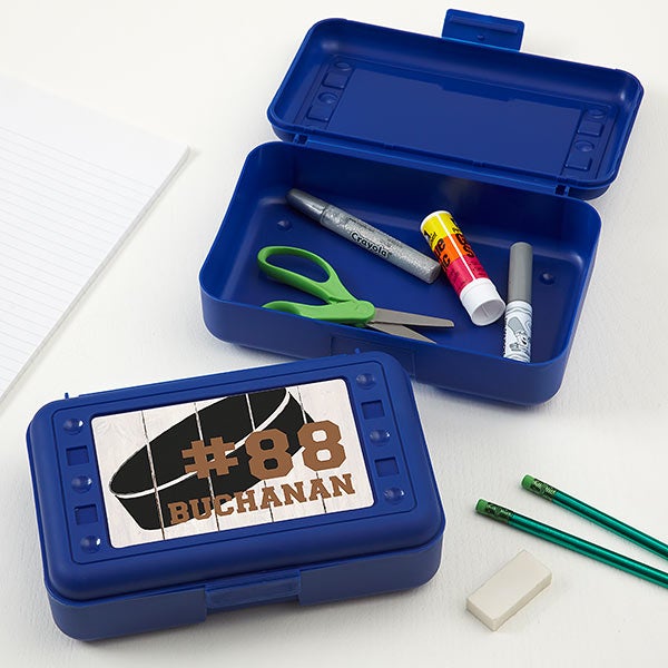 Hockey Personalized Blue Pencil Box