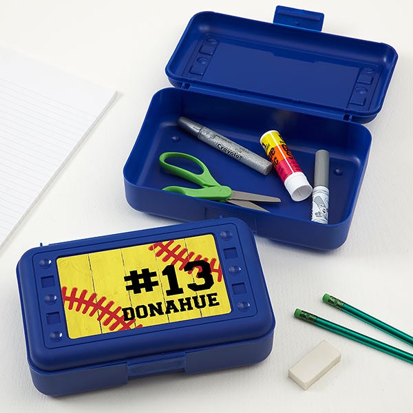 Softball Personalized Blue Pencil Box Kids Gifts