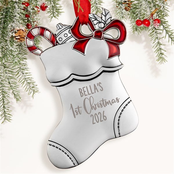 Baby's 1st Christmas Personalized Silver Stocking Ornament - 28552