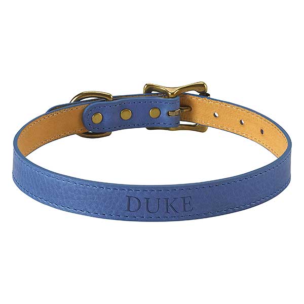 Personalized Blue Italian Leather Dog Collar - Large