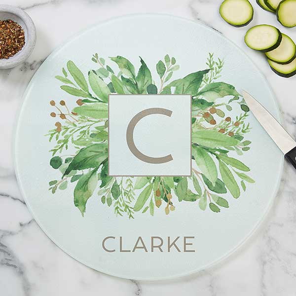 Greenery Monogram Personalized Round Glass Cutting Boards - 29254