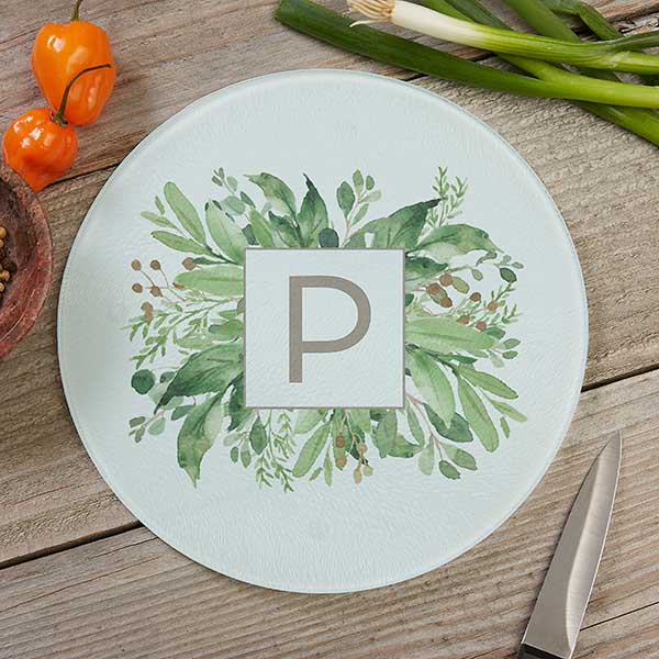 Greenery Monogram Personalized Round Glass Cutting Boards - 29254