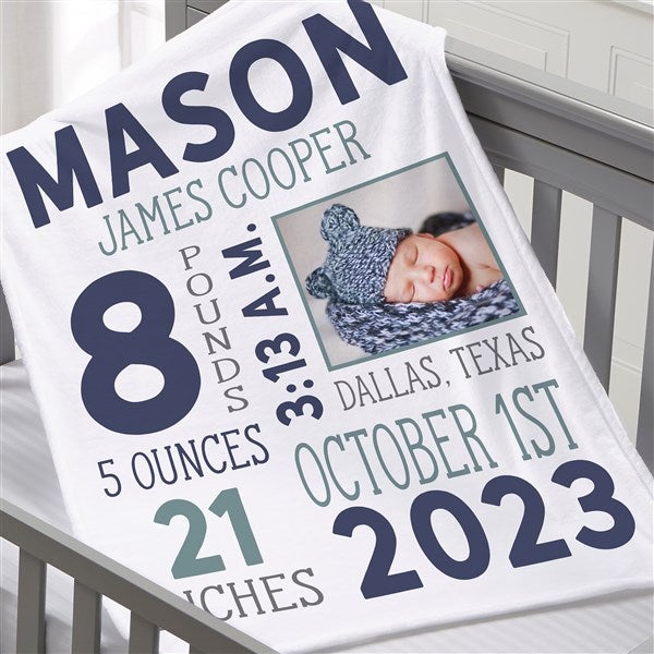 Baby Boy Photo Birth Stats Personalized Baby Blankets