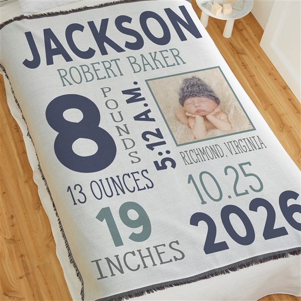 Baby Boy Photo Birth Stats Personalized Baby Blankets - 30078