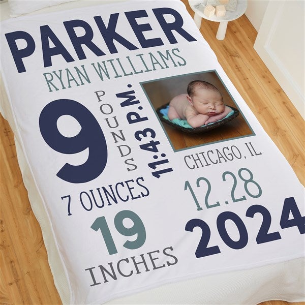 Boy Photo Personalized Birth Stats 60x80 Fleece Baby Blanket