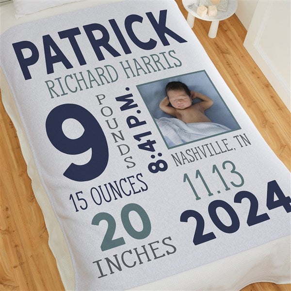 Baby Boy Photo Birth Stats Personalized Baby Blankets - 30078