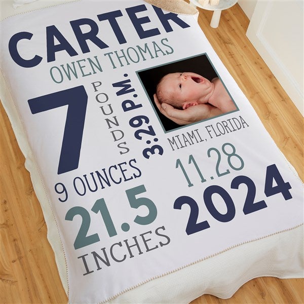 Baby Boy Photo Birth Stats Personalized Baby Blankets - 30078