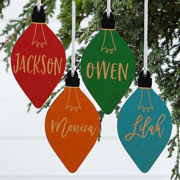 Merry Name Personalized Wood Christmas Light Bulb Ornaments - 30294