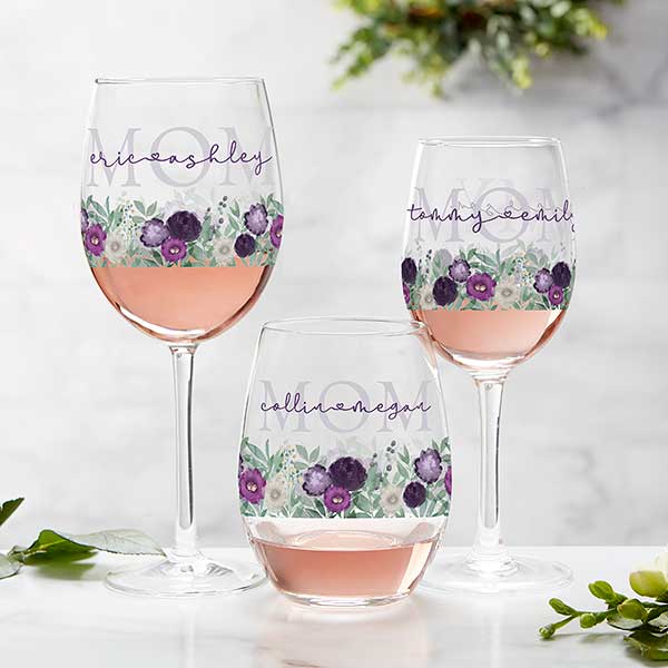 Floral Love For Mom Personalized Wine Glasses - 30673