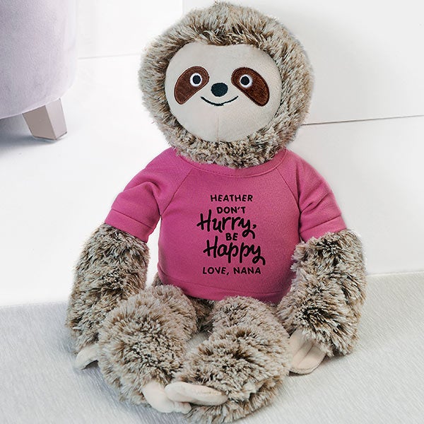 Don't Hurry, Be Happy Personalized Plush Sloth Stuffed Animal - Raspberry